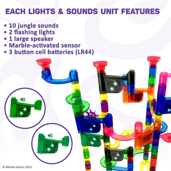 Marble Genius Marble Run Lights & Sounds Accessory Set - 10 Randomized Jungle Sounds and 2 Flashing Lights, Compatible with Any Marble Genius Set, for Ages 3 and Above, Green-Jungle Sound
