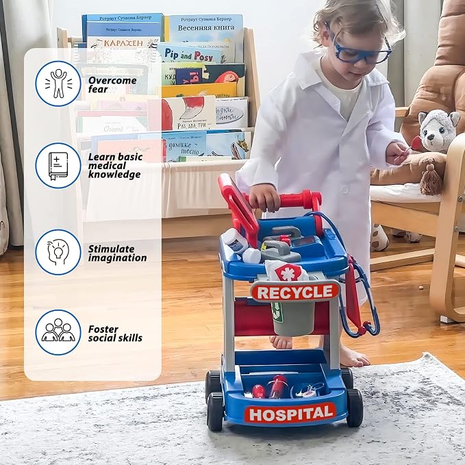 Liberry Doctor Kit for Toddlers Ages 3 4 5, Pretend Kids Doctor Playset with Cart, Costume and Stethoscope, Role Play Medical Toys Birthday Gift for Girls Boys (Blue)