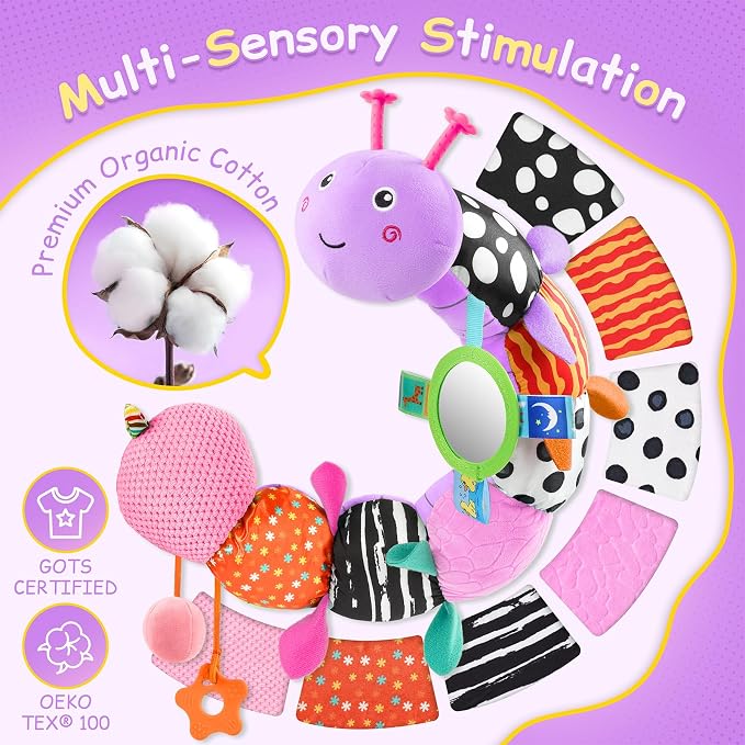 Baby Sensory Musical Caterpillar Plush Toy, Soft Stuffed Animal with Mirror Crinkle Paper Rattle Teether, Tummy Time Play Toy for 0-12 Months Newborn Infant for Boys Girls, Purple