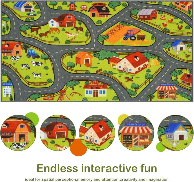 STARUIA Kids Rug Play Mat, 60"x32" Washable Car Rug for Toddlers, Educational Farm Road Play Rugs, Non-Slip Race Track Carpet for Kids, Kids Area Rugs for Playroom Bedroom Nursery