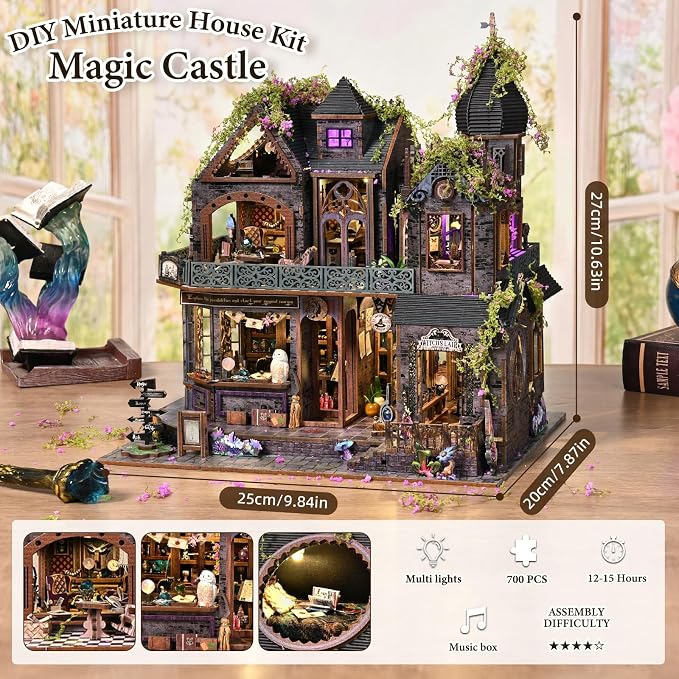 DIY Miniature House Kit, Dollhouse Magic City Gothic Witch House for Adults to Build, Birthday/Christmas Day Gift for Family and Friends, Prefab Tiny Home with LED Lights,Magic Castle