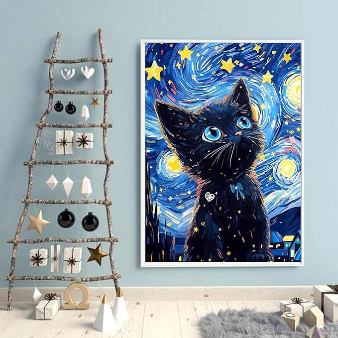 RYMILIE Black Cat Diamond Art Kits for Adults, Diamond Painting Dots Art Kits for Adults Beginners, 5D DIY Full Drill Round Rhinestone Gem Art Crafts Paintings for Home Wall Decor 12"x16"