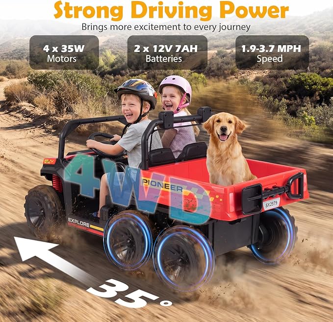 Costzon 2-Seater Ride on Dump Truck, 4WD 24V Kids Car Electric Vehicle with Remote Control, Electric Dump Bed, Shovel, Music, Story, Lights & Wireless Connection, Kids UTV for Boys Girls, Gift (Red)