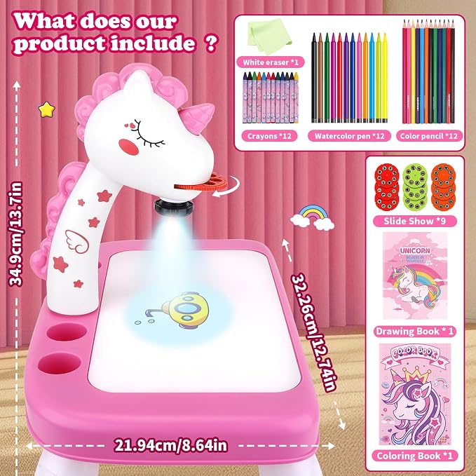 Drawing Projector for Kids, Art and Crafts, Drawing Board with Color Pens, Pencils, Crayons, Scrapbook, Unicorn Sticker Book, Ideal Toy for 3+ Year Old Girls & Boys (Unicorn Kit)