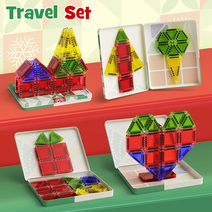 Travel Magnetic Tiles for Kids, 26 PCs Mini Magnetic Building Blocks with Festive Iron Storage Box, STEM Travel Toys for Toddlers Ages 3-5+, Educational Learning Gift for Boys & Girls