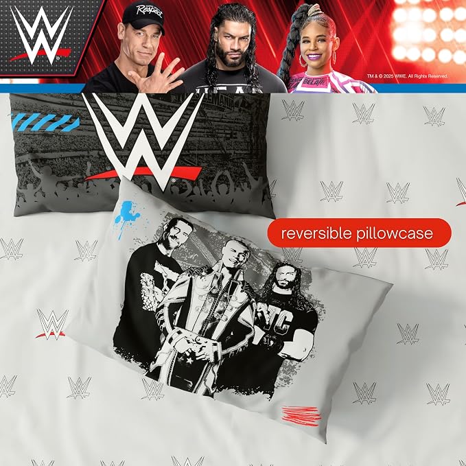 WWE Wrestling Bedding Set, Full Size 7 Piece Set Super Soft Cozy Reversible Comforter and Sheet Set with Sham, (100% Officially Licensed Product) by Franco