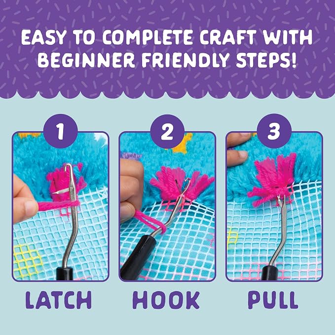 LatchKits Cupcake Pillow - Latch Hook Kits for Kids, Arts and Crafts, Yarn Art, Kids Crafts, Toys for Girls, Birthday Gift for Girls, Easy to Follow Pattern, Hook Included, Craft Kits, Ages 6+