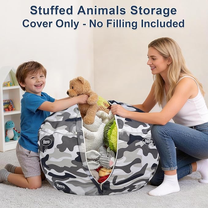 Lukeight Camo Stuffed Animals Storage Bean Bag Chair Cover for Adult Teen, Cozy Velvet Plush Toy Organizer Seat, Cover Only, No Filling Included, Long YKK Zipper, Side Pocket, XXX-Large 42 x 23 in