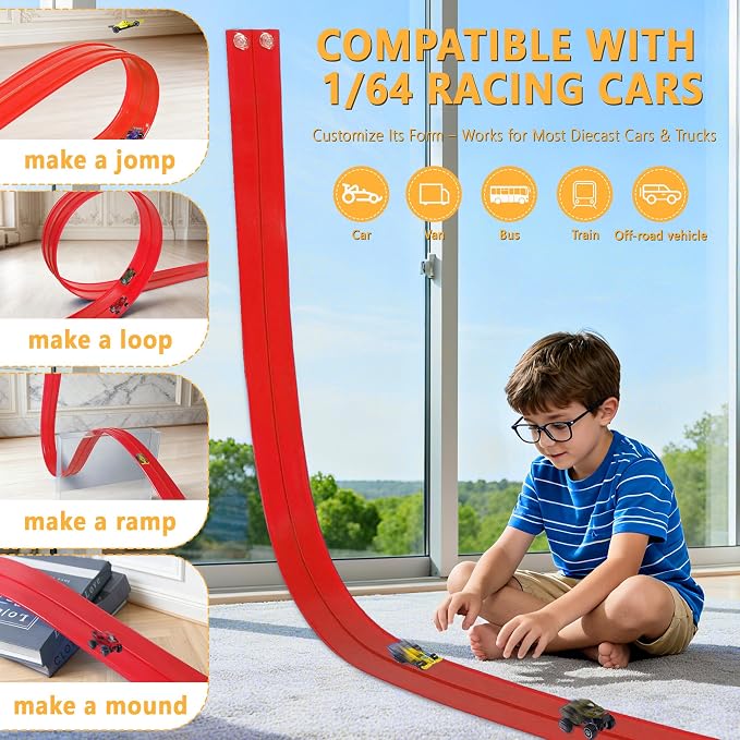 Portable DIY 16ft Flexible Race Track with Roll-Up Storage Compatible with 1/64 Diecast Cars Ages 3+（Includes 6 Racing Cars） Christmas Decorations for Kids