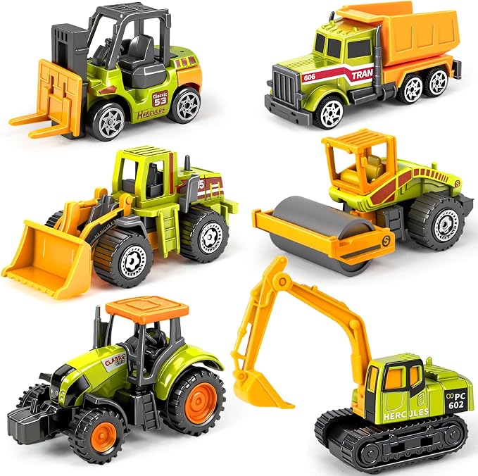 6 Pack Construction Toy, Mini Diecast Farm Tractor Toy Construction Trucks for Kids Boys Age 3-5 6 7, Excavator, Forklift, Dump Truck- Model Car Toys for Toddlers Birthday Gift Goodie Bag Stuffers