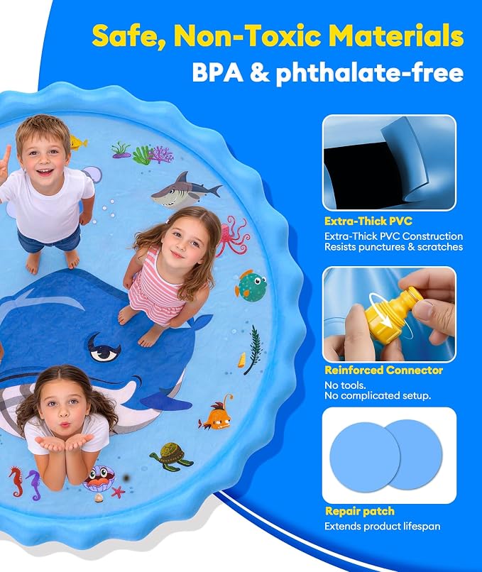 Splash Pad for Kids, 90" Outdoor Sprinkler Play Mat, Inflatable Wading Pool with Thicker Material, Summer Backyard Water Toys for Kids Pets