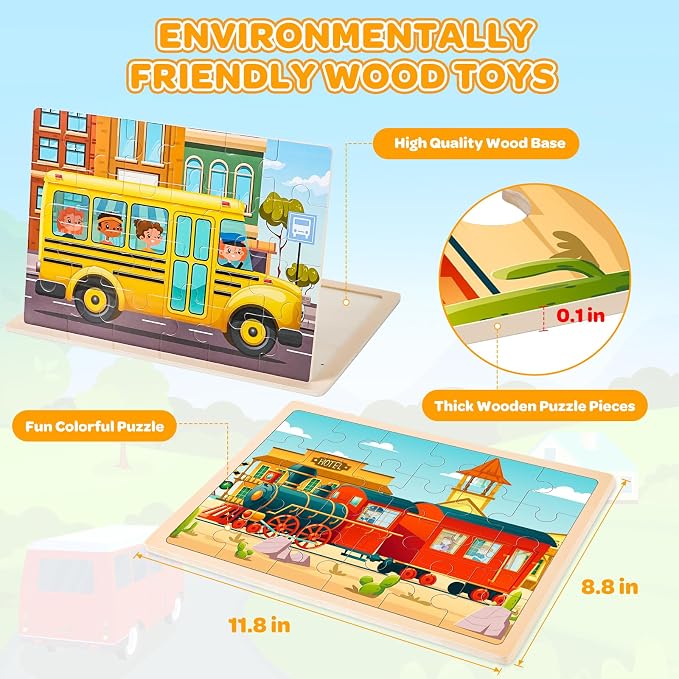 Wooden Puzzles for Kids Age 3 4 5 Year Old, 4 Pack 24 Pcs Toddler Jigsaw Puzzles for Girl Boy Vehicle Activities Preschool Learning Educational Birthday Gift Travel Autistic Wooden Toys