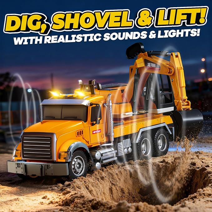 SMILESSKIDDO Excavator Toy - 1:12 Large Friction Powered Excavator Truck Toy with Lights, Sounds, Toy Trucks for Boys Girls Age 3, 4, 5, 6, 7 Years Old, Birthday Gifts for Boys Girls