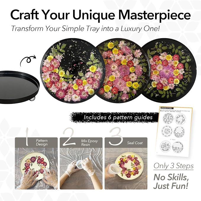 Auraeve All-in-One Resin Tray Craft Kit for Adults, Beige-Basic, 9.8" | 55Pcs Real Flowers, 10OZ Epoxy Resin, Metal Tray, Gift for Craft Lovers, Trinket Organizer, Décor
