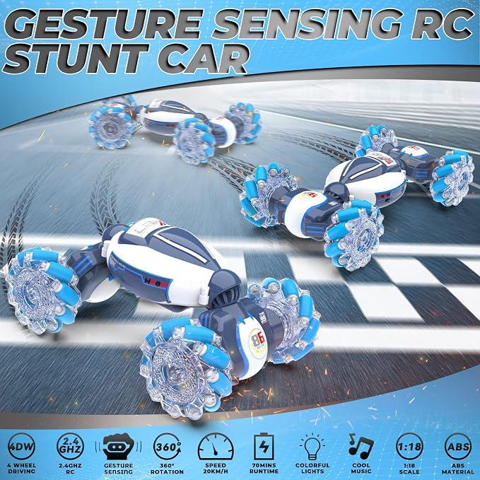 Gesture Sensing RC Stunt Car - Boys Toys Age 6-12, 360° Rotating 4WD Hand Controlled Remote Control Twist Car with Light & Music, Cool Birthday Presents and Ideas Gifts for Kids Age 7 9 10 11 12 yr