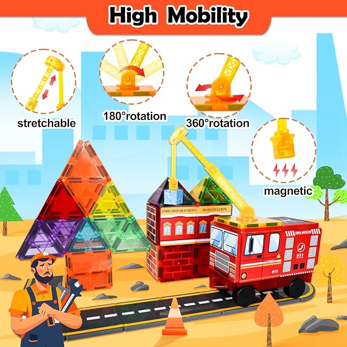 Drofex Magnetic Tiles Road Set with Fire Truck Magnetic Crane, Creative Construction Toys for Kids Ages 3-12, Boys & Girls, Fire Rescue Station and Engineering Themed Magnetic Building Blocks
