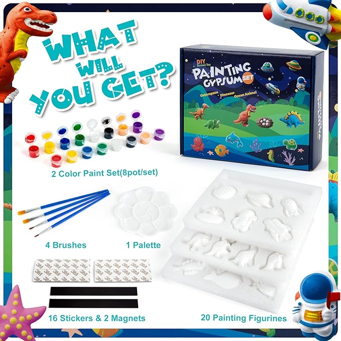 Juboury Kids Arts and Crafts Plaster Painting Craft Kit Art Set - Painting Your Own Space Dinosaurs & Marine Life Figurines - Ceramic Painting Kit for Kids, Girls, Boys, Toddlers