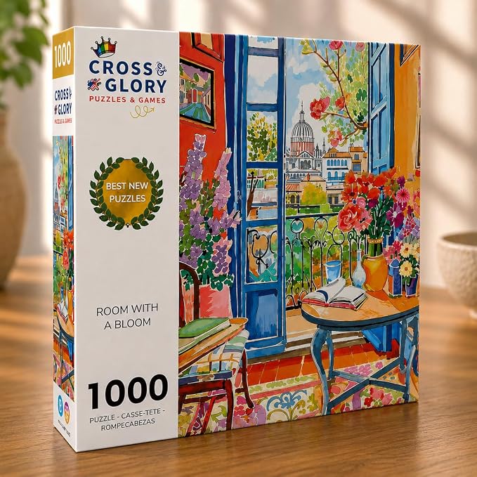 Cross & Glory – Room with a Bloom – 1000 Piece Jigsaw Puzzle for Adults | Colorful Floral City View Puzzle | Vibrant Home Interior Artwork | Premium Ribbon-Cut Puzzle with Satin Finish