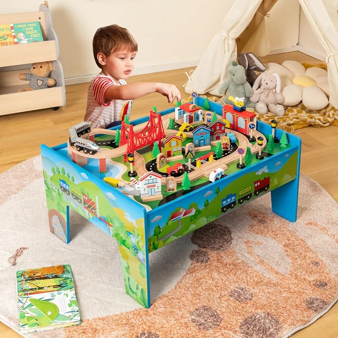 HONEY JOY Train Table, Wooden Kids Activity Table w/ 80 Multicolor Pieces, Tracks, Trains, Cars, Toddler Toy Train Table Set w/Reversible Tabletop, Gift for Boys Girls Ages 18 Months+ (Blue)
