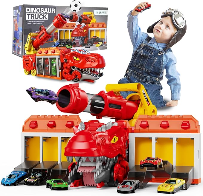 STBEIMEIMY Tyrannosaurus Rex Truck, Ejection Shooting Toy with 10 Cars & Storage Shooting Launcher Action, Foldable Storage Holds 10 Cars, 12 Soft EVA Balls, Safe for Toddlers 3+