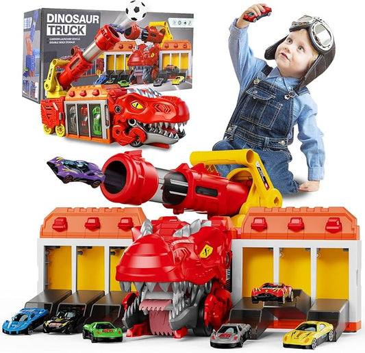 STBEIMEIMY Tyrannosaurus Rex Truck, Ejection Shooting Toy with 10 Cars & Storage Shooting Launcher Action, Foldable Storage Holds 10 Cars, 12 Soft EVA Balls, Safe for Toddlers 3+