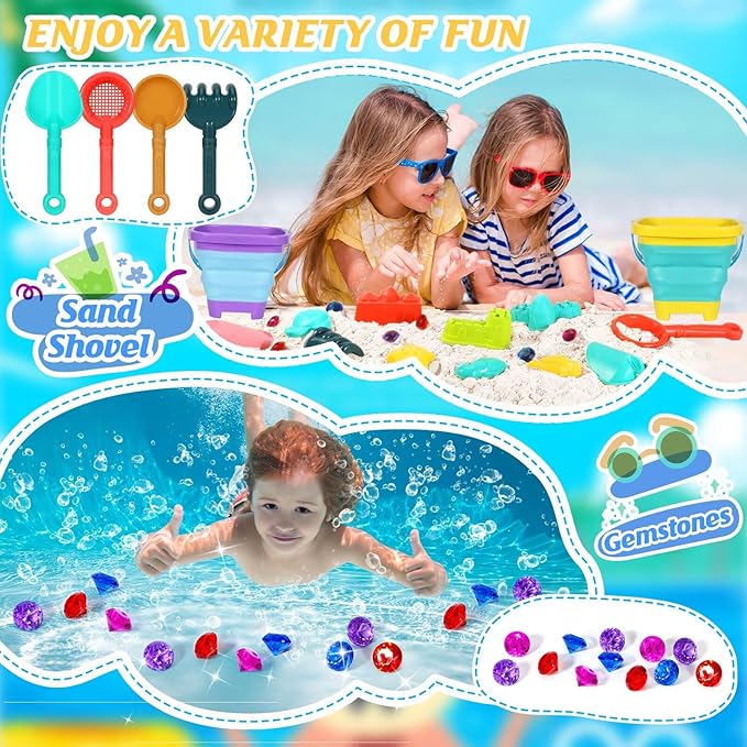 HUITEM Beach Sand Toys for Kids Sandbox Toys with 2 Collapsible Bucket Sand, 2 Dump Truck, Dinosaur Molds, Sand Castle Kit, Shovel Sieve,Flags,Mesh Bag Travel Beach Toys for Toddler 3-10