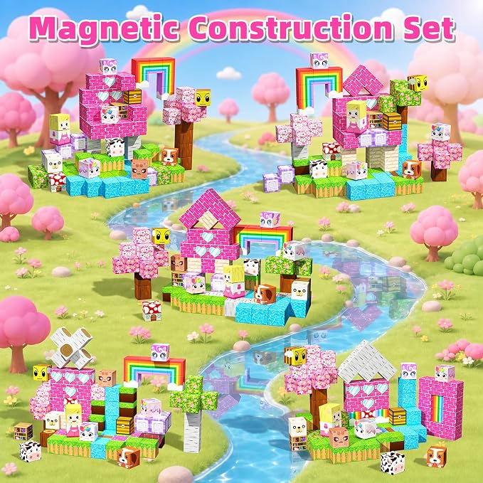 100PCS Magnetic Blocks, Magnetic Building Cube Set for Kids Ages 3+, Constructions STEM Stacking Tiles Toy Building Birthday Gifts for Girls