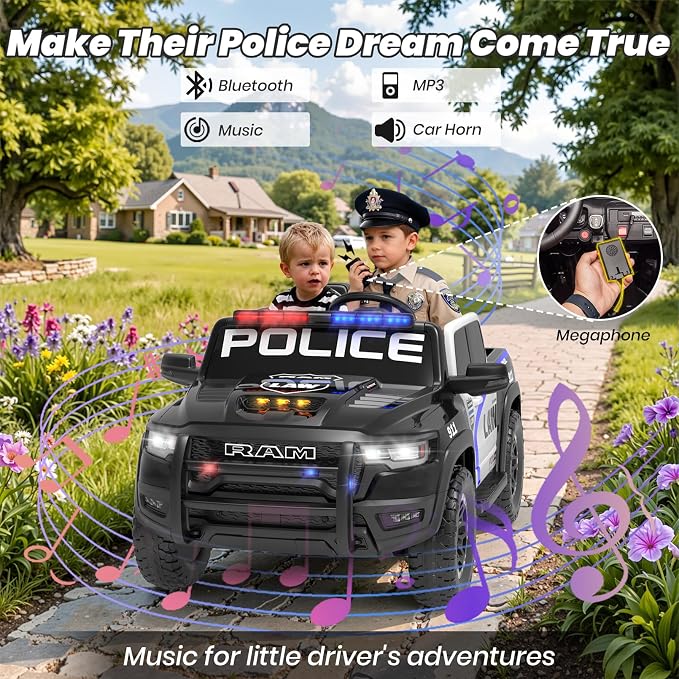 24V Ride On Police Car for Kids, Licensed RAM 1500 2 Seater Electric Police Truck with Remote Control, Siren, Megaphone, Flashing Lights, 180W Motor, Suspension, Bluetooth, Storage Bed, Black