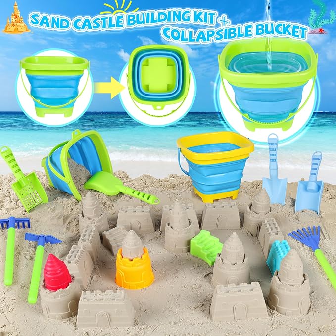 FHOZGECY Beach Sand Toys, 2 Trucks, 2 Collapsible Buckets, Sand Molds, Farm Animals, Upgrade Tools, Mesh Bag, Indoor Outdoor Play Set for Kids Ages 3-12, Multi‑Scene Play for Summer Travel Beach Games