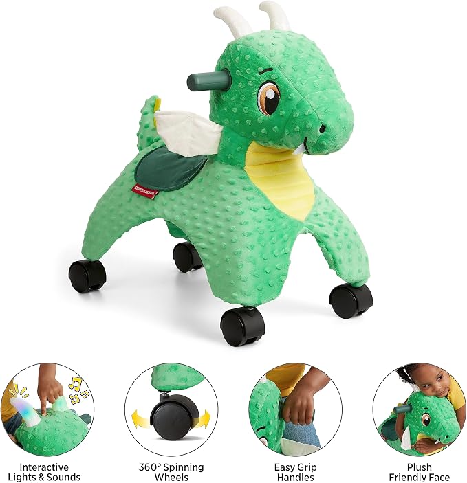 Radio Flyer Jade the Magical Touch Dragon Ride On, Ages 1-3, Interactive Lights & Sounds, Horns Light Up Riding, EZ-Glide 360-degree Wheels, Easy Grip Handles, Soft Plush Face, Toddler Ride On Toys