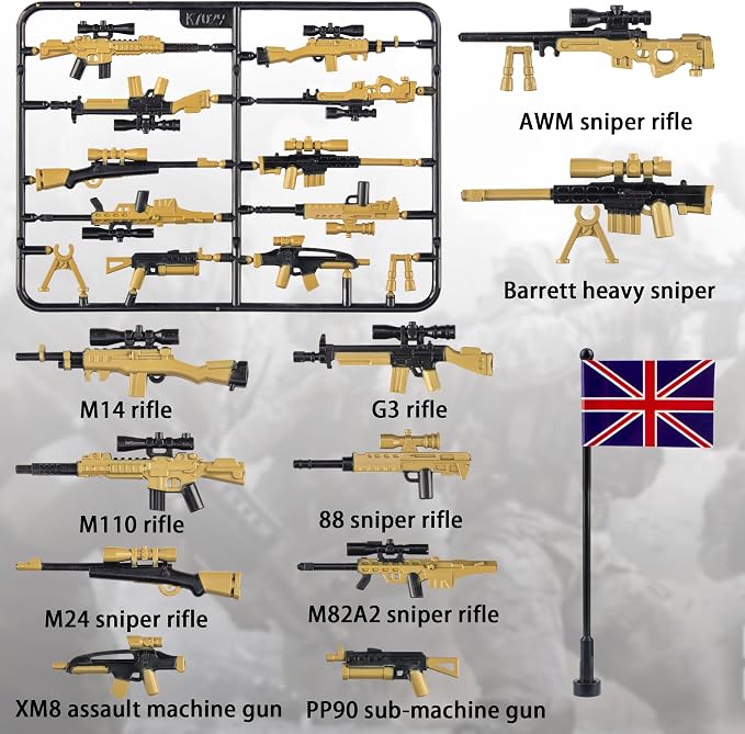 44 Pcs Weapons Pack Military 4 Countries Weapons Accessories Toys Military Equipment Battle Blocks Bricks Compatible with Major Brand, 3 Years Old and up
