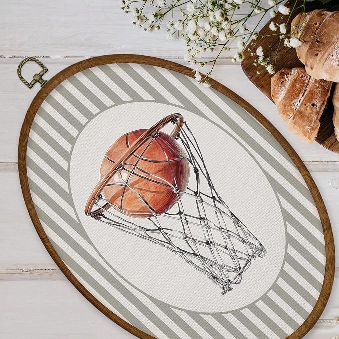 WULQYING Basketball Nursery Wall Art Decor, Sports Nursery Boys Room Oval Framed Canvas Art Prints, Neutral Striped Sport Lover Gift Wall Hanging Decor for Kids Boys Room Playroom, 8.5x11.3 Inches