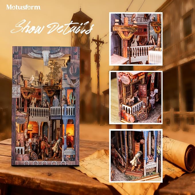 Book Nook Kit, DIY Miniature House Dollhouse - 3D Wooden DIY buidling Dollhouse with Bookshelf Nook (Western Town)