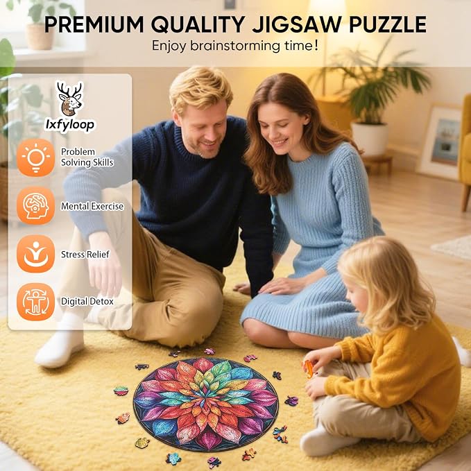 Ixfyloop Mandala Puzzles for Adults, Wooden Puzzles for Adults, Wood Puzzles Adult Unique Shaped Lotus Puzzle 200 Pieces, Wooden Jigsaw Puzzles for Adults Birthday Gift 10.9x11.2in
