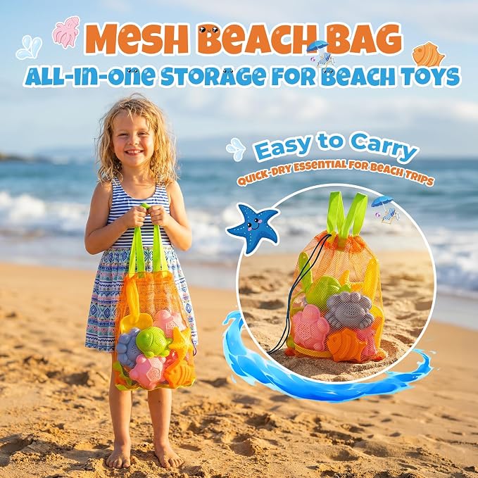 Beach Sand Toys Set for Toddlers, Portable Travel Beach Toys with Collapsible Bucket, Shovel, Rake, Molds & Mesh Storage Bag for Kids, Summer Gift (Tangerine)