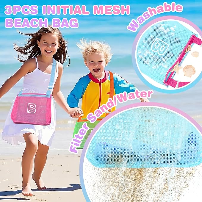 3Pcs Personalized Kids Beach Shell Bag, Initial Seashell Mesh Zipper Beach Pouch, Shell Collecting Bag for Holding Shells with Adjustable Straps, Sand Toys Swim Pouch Gift for Girl Boy Teens(Letter B)