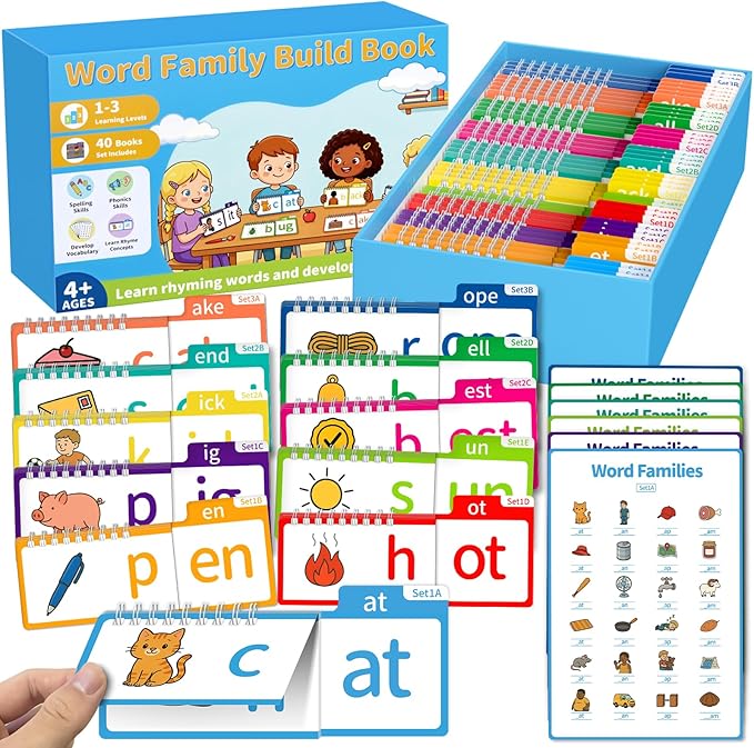 Word Family Build Book, Fun Phonics Flash Cards, 40 Read & Rhyme Flip Books, Learn to Read for Kids Ages 4-8, Educational Flash Cards for Kindergarten, Fun Sight Words & Phonics Games