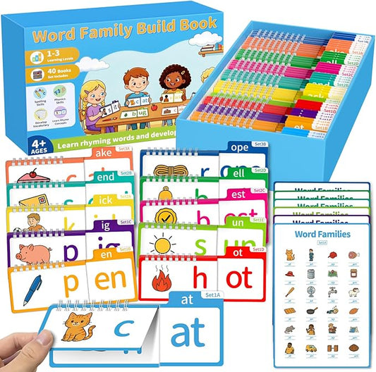 Word Family Build Book, Fun Phonics Flash Cards, 40 Read & Rhyme Flip Books, Learn to Read for Kids Ages 4-8, Educational Flash Cards for Kindergarten, Fun Sight Words & Phonics Games