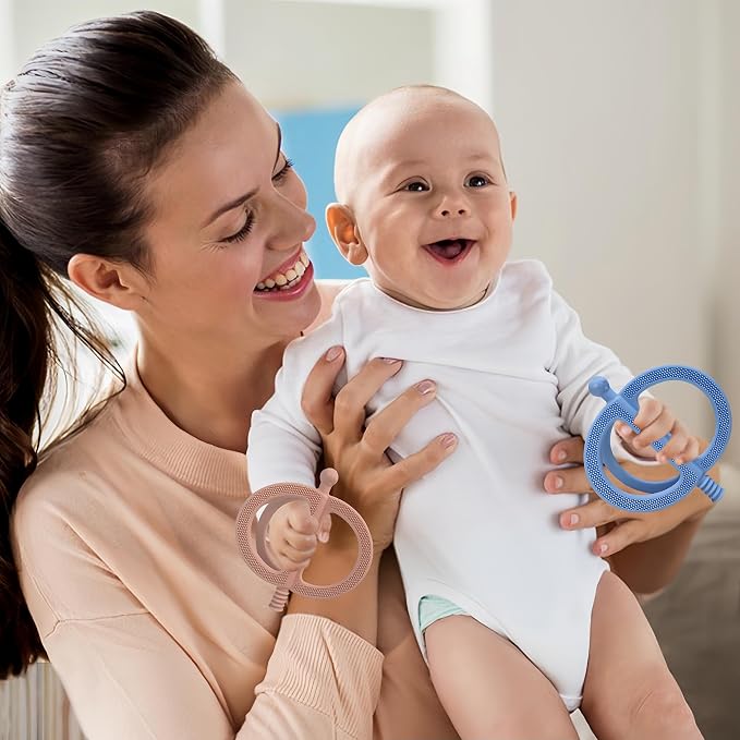 SOLIFEGOBLE 2 Pack Baby Teething Toy for 0-24 Months, Food Grade Silicone Teether, Easy Grip Design to Soothe Gum Pain, BPA-Free, Freezable & Dishwasher Safe (Khaki+Light Blue)