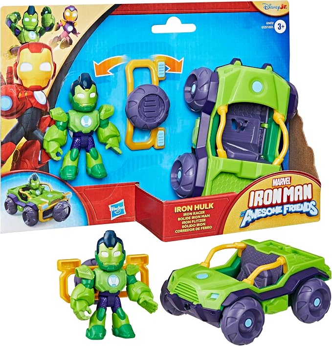 Marvel Iron Man and his Awesome Friends Iron Hulk Iron Racer Action Figure & Toy Vehicle, 3-Inch Super Hero Toys for Kids, Ages 3+