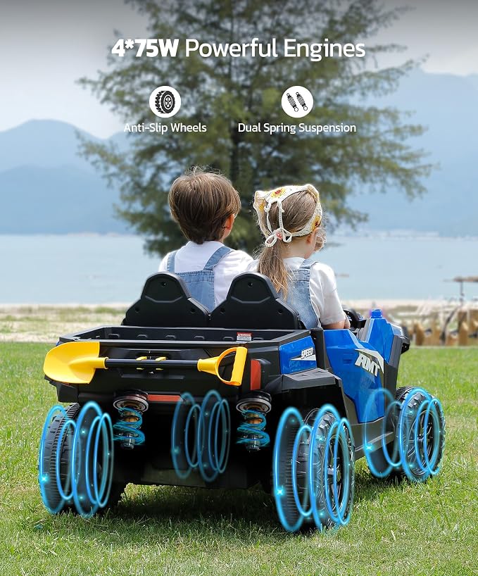 ELEMARA 24V Ride on Toy for Big Kids,Ride on Car 2 Seater w/Sun Shade,Dump Bed & Shovel,4.5MPH,4WD Electric Car for Kids,Battery Car w/Remote,Kids Ride on Truck,3 Speeds,LED Lights,Bluetooth, Royal