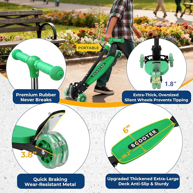 3 Wheel Scooter for Kids Ages 3-12, LED Light-Up Kids Kick Scooter–Portable Foldable, Adjustable Height, Durable Metal Construction, 6" Extra Wide Deck for Outdoor Activities,Child Safety Certified
