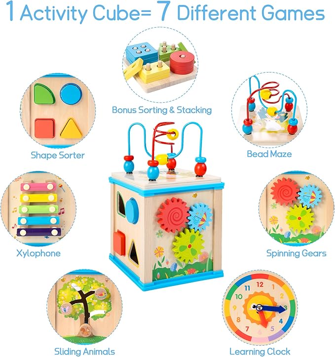 WOODMAM Wooden 7-in-1 Activity Cube, Montessori Toys for 1 Year Old Toddlers, Baby Educational Developmental Toys, One Year Old Boys Girls First Birthday Gifts with Bonus Sorting & Stacking Board