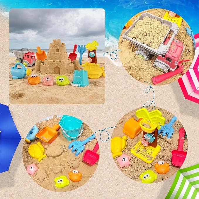 IOKUKI Sand Toys with Extra Large Mesh Bag Including Dump Truck, Sand Water Wheel, Beach Buckets, Shovels, Rakes, Molds, Outdoor Beach Toys Tool Kit for Kids, Toddlers, Boys and Girls (12 PCS) Age 3+