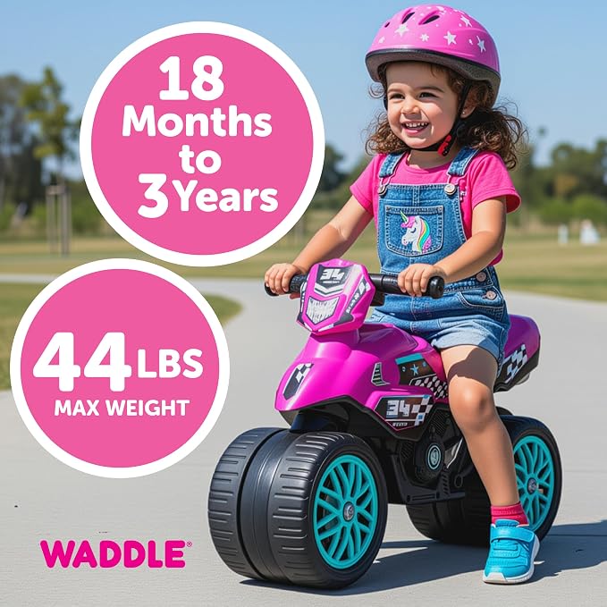 Waddle Kids Motorcycle Balance Bike - Toddler Ride on Toys w/Sounds, Wide Wheel Base, Rubber Coated Wheels, Foot to Floor Toddler Car Up to 44 Lbs, Motorbike for Kids Ages 18 Months to 3 Yrs, Pink