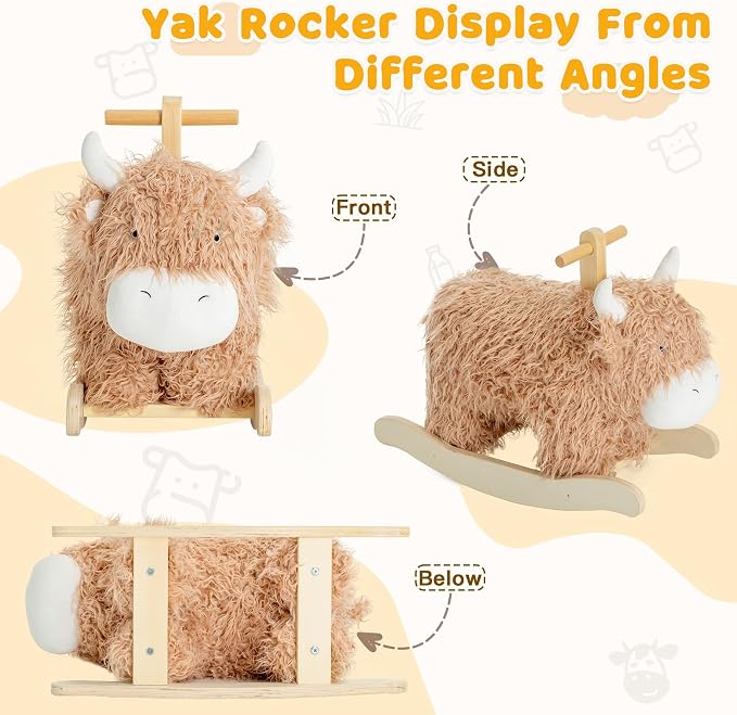 Baby Rocking Horse for 1 Year Old,Wooden Cow Animal Rocker Ride-on Toy Plush Wooden Rocking Toy for Nursery Playroom Indoor Wooden Rocking Horse Balance Seat with Handles Birthday Party Shower Gift