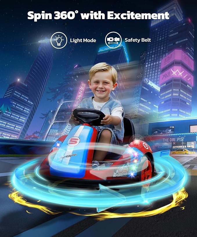 ELEMARA Kids Bumper Car with Big Wheel, 12V Toddler Bumper Cars with Remote, 2.2 Mph Max, Baby Bumping Toy Car with DIY Stickers,360 Degree-Spin, Bluetooth, Music,LED Lights, Deep Red