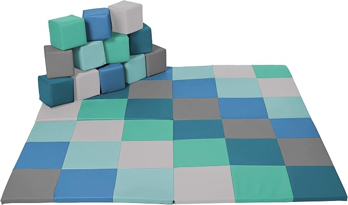 ECR4Kids SoftZone Patchwork Activity Mat and Toddler Blocks, Soft Playset, Contemporary, 13-Piece