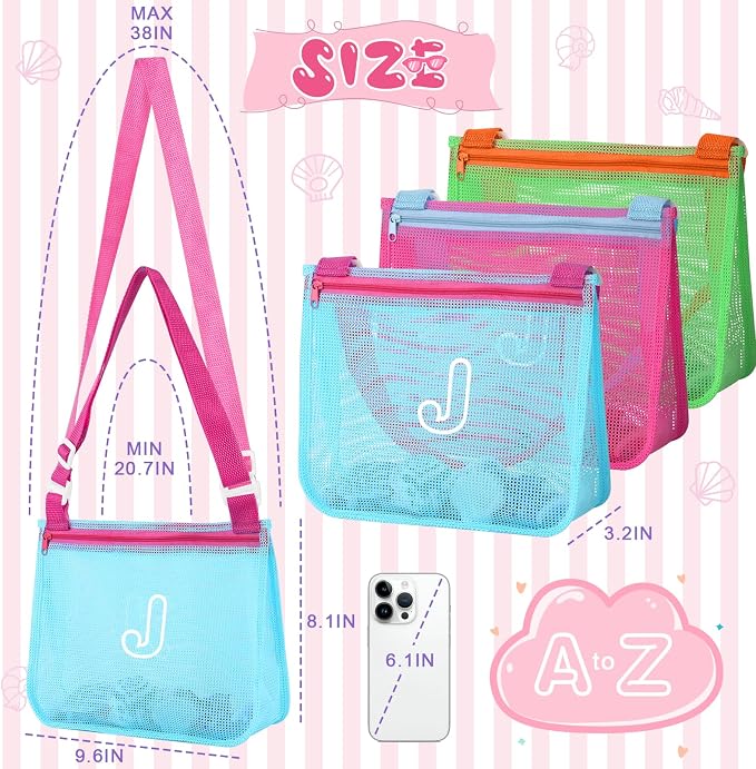 3Pcs Personalized Kids Beach Shell Bag, Initial Seashell Mesh Zipper Beach Pouch, Shell Collecting Bag for Holding Shells with Adjustable Straps, Sand Toys Swim Pouch Gift for Girl Boy Teens(Letter J)