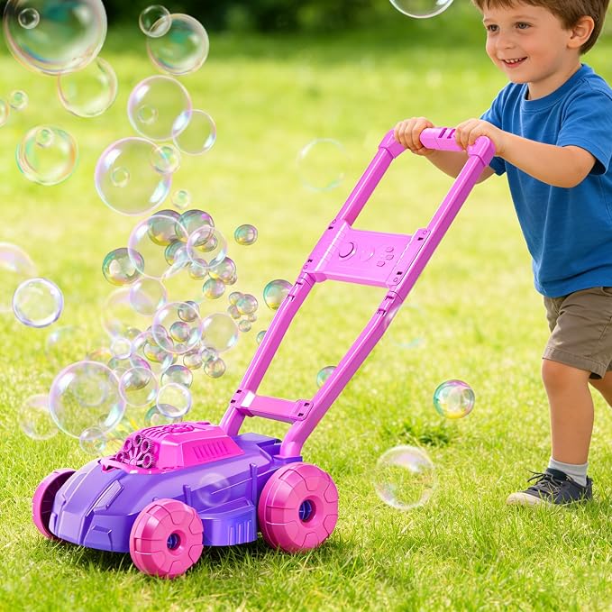 Bubble Lawn Mower for Toddlers 1-3, Automatic Bubble Blowing Machine Pretend Summer Gardening Play Bubble Toys for Age 1 2 3 Year Old Boys Girls Indoor Outdoor Use, Pink